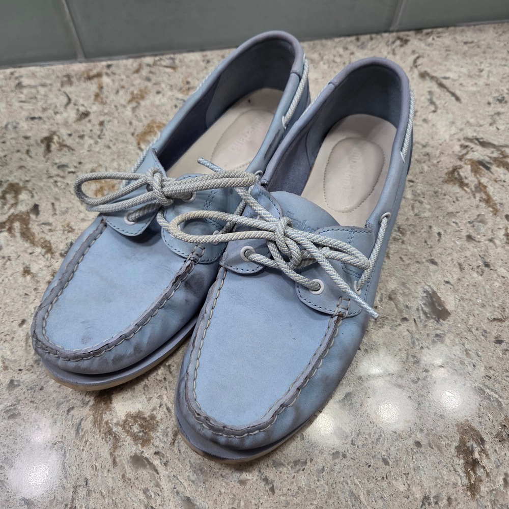 Timberland Womens 9W Light Blue Leather Classic Boat Shoes Nautical LoafersI9